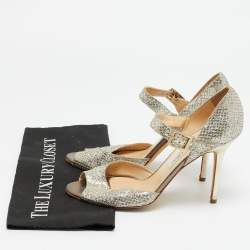 Pre Owned Jimmy Choo Size 40.5 Gold Glitter and Leather Peep Toe Ankle Strap Pumps