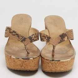 مملوكة مسبقًا صندل جيمي تشو جلد بيثون منقوش بني نعال من الفلين مقاس 41