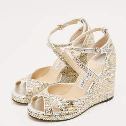 Pre Owned صندل جيمي تشو كعب سميك بسير متقاطع شبك معدني وجلد مقاس 39