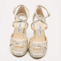 Pre Owned صندل جيمي تشو كعب سميك بسير متقاطع شبك معدني وجلد مقاس 39