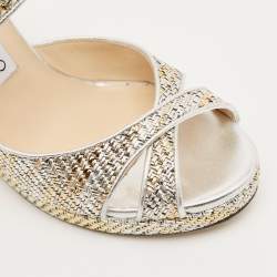 Pre Owned صندل جيمي تشو كعب سميك بسير متقاطع شبك معدني وجلد مقاس 39