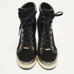 Pre Owned حذاء رياضى جيمى تشو كعب روكى بانما سويدى وجلد لامع أسود مقاس 39