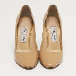 Pre Owned حذاء كعب عالي جيمي تشو مقدمة مستديرة جلد بيج مقاس 38