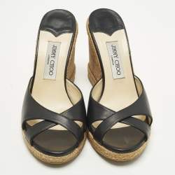 Pre Owned Jimmy Choo Size 40 Black Leather Platform Wedge Slide Sandals