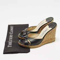 Pre Owned Jimmy Choo Size 40 Black Leather Platform Wedge Slide Sandals