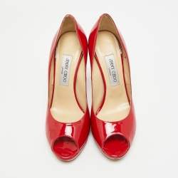 مملوكة مسبقًا حذاء كعب عالي جيمي تشو لونا جلد لامع أحمر مقدمة مفتوحة مقاس 36