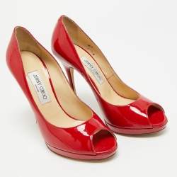 مملوكة مسب قًا حذاء كعب عالي جيمي تشو لونا جلد لامع أحمر مقدمة مفتوحة مقاس 36