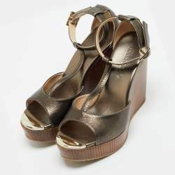 Pre Owned Jimmy Choo Size 38.5 Metallic Bronze Leather Wedge Sandals