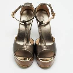 Pre Owned Jimmy Choo Size 38.5 Metallic Bronze Leather Wedge Sandals