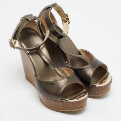 Pre Owned Jimmy Choo Size 38.5 Metallic Bronze Leather Wedge Sandals