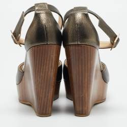 Pre Owned Jimmy Choo Size 38.5 Metallic Bronze Leather Wedge Sandals