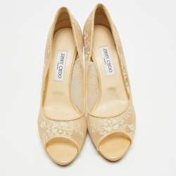 Pre Owned Jimmy Choo Size 41 Beige Lace and Patent Leather Peep Toe Pumps