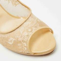 Pre Owned Jimmy Choo Size 41 Beige Lace and Patent Leather Peep Toe Pumps