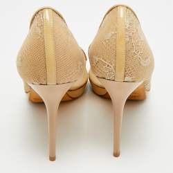 Pre Owned Jimmy Choo Size 41 Beige Lace and Patent Leather Peep Toe Pumps