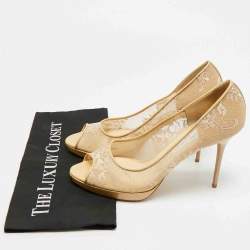 Pre Owned Jimmy Choo Size 41 Beige Lace and Patent Leather Peep Toe Pumps