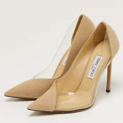 Pre Owned Jimmy Choo Cass Size 39.5 Beige/Transparent Canvas and PVC Pumps