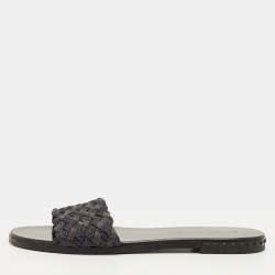 Pre Owned Jimmy Choo Size 37 Navy Blue/Grey Woven Fabric Flat Slide Sandals