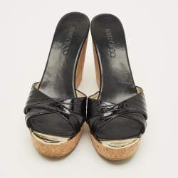 Pre Owned Jimmy Choo Prima Cork Size 40 Black Croc Embossed Leather Wedge Sandals