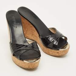 Pre Owned Jimmy Choo Prima Cork Size 40 Black Croc Embossed Leather Wedge Sandals