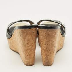 Pre Owned Jimmy Choo Prima Cork Size 40 Black Croc Embossed Leather Wedge Sandals