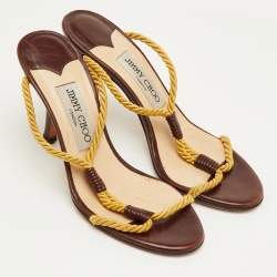 Pre Owned صندل جيمي تشو حبل أصفر/بني داكن منزلق مقاس 35.5
