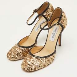 Pre Owned حذاء كعب عالي جيمي تشو تيسا جلد برّاق ذهبي/أسود لامع مع شريط للكاحل مقاس 37