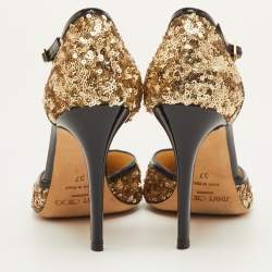 Pre Owned حذاء كعب عالي جيمي تشو تيسا جلد برّاق ذهبي/أسود لامع مع شريط للكاحل مقاس 37