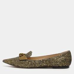 Pre Owned Jimmy Choo Gabie Size 39 Gold Glitter Ballet Flats
