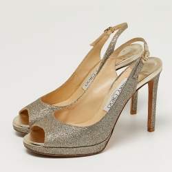 Pre Owned Jimmy Choo Size 36.5 Metallic Glitter Slingback Platform Pumps