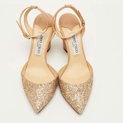 Pre Owned حذاء كعب عالي جيمي تشو "ميكي" جلد ولامع بيج رباط الكاحل مقاس 39.5