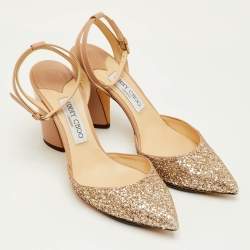 Pre Owned حذاء كعب عالي جيمي تشو "ميكي" جلد ولامع بيج رباط الكاحل مقاس 39.5