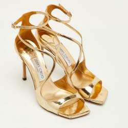 Pre Owned صندل بجزء علوي عند الكاحل جيمي تشو جلد ذهبي مقاس 36.5