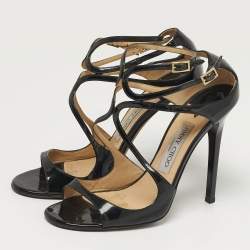 Pre Owned Jimmy Choo Paxton Size 38 Black Patent Leather Cross Strap Sandals