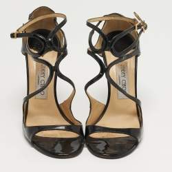 Pre Owned Jimmy Choo Paxton Size 38 Black Patent Leather Cross Strap Sandals