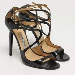 Pre Owned Jimmy Choo Paxton Size 38 Black Patent Leather Cross Strap Sandals