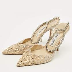 مملوكة مسبقًا حذاء كعب عالي جيمي تشو سايدا حرير بيج مزين بالكريستال حزام الكاحل مقاس 39