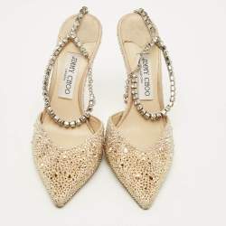 مملوكة مسبقًا حذاء كعب عالي جيمي تشو سايدا حرير بيج مزين بالكريستال حزام الكاحل مقاس 39