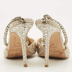 مملوكة مسبقًا حذاء كعب عالي جيمي تشو سايدا حرير بيج مزين بالكريستال حزام الكاحل مقاس 39