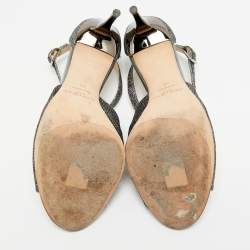 Pre Owned صندل جيمي تشو جلد رمادي وبريق خشن مفتوح من الأمام مقاس 39.5