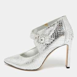 Pre Owned حذاء كعب عالي جيمي تشو برايفت مقدمة مفتوحة جلد بايثون فضي معدني مقاس 37.5