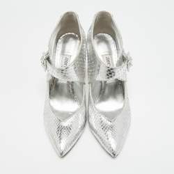 Pre Owned حذاء كعب عالي جيمي تشو برايفت مقدمة مفتوحة جلد بايثون فضي معدني مقاس 37.5