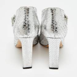 Pre Owned حذاء كعب عالي جيمي تشو برايفت مقدمة مفتوحة جلد بايثون فضي معدني مقاس 37.5