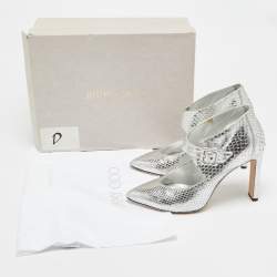 Pre Owned حذاء كعب عالي جيمي تشو برايفت مقدمة مفتوحة جلد بايثون فضي معدني مقاس 37.5