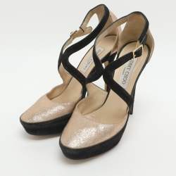 Pre Owned Jimmy Choo Size 38.5 Gold Glitter and Suede Platform Ankle Strap Pumps