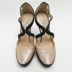 Pre Owned Jimmy Choo Size 38.5 Gold Glitter and Suede Platform Ankle Strap Pumps