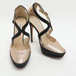 Pre Owned Jimmy Choo Size 38.5 Gold Glitter and Suede Platform Ankle Strap Pumps