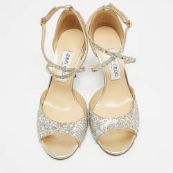 Pre Owned Jimmy Choo Emsy Size 38 Metallic Glitter Criss Cross Ankle Strap Sandals