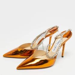 Pre Owned Jimmy Choo Saeda Size 37 Gold Leather Crystal Embellished Pumps