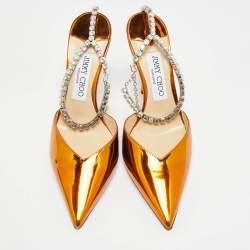 Pre Owned Jimmy Choo Saeda Size 37 Gold Leather Crystal Embellished Pumps