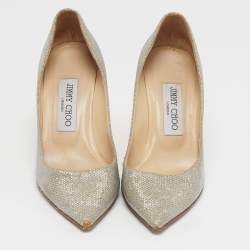 Pre Owned حذاء كعب عالي جيمي تشو رومي قماش ذهبي/فضي لامعه مقاس 35.5